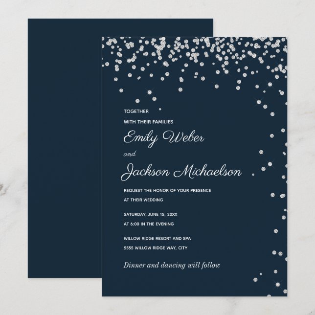 Convites Casamento Confete Diamante Prata Azul Marinho (Frente/Verso)
