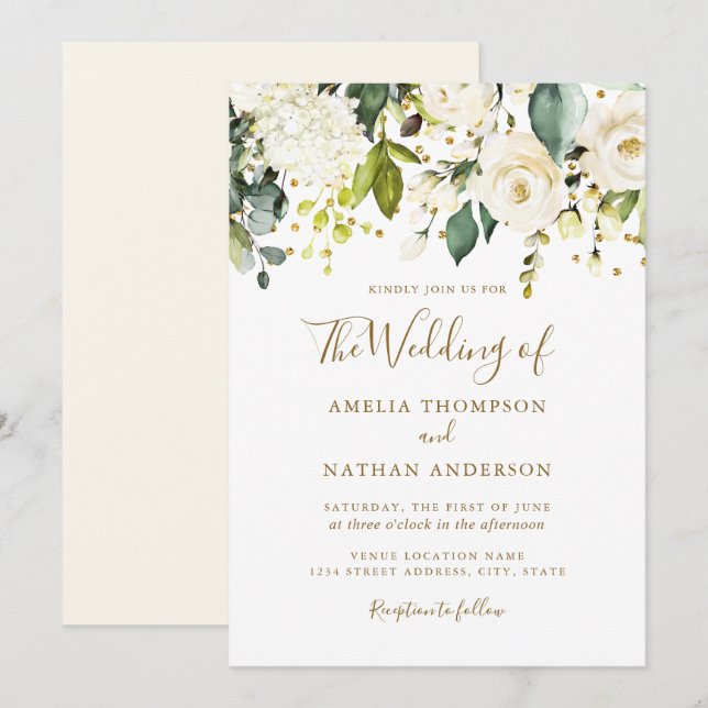 Convites Casamento Confete Dourado Floral Branco (Frente/Verso)