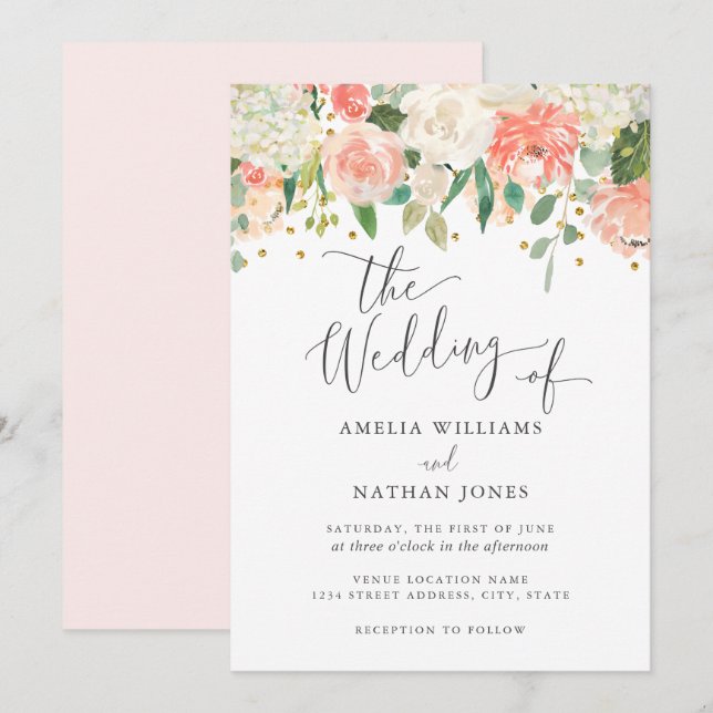 Convites Casamento Confete Rosa Floral Dourado (Frente/Verso)