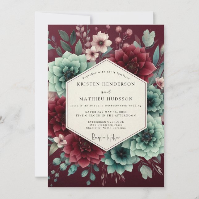 Convites Casamento Conjunto Burgundy Bloom (Frente)