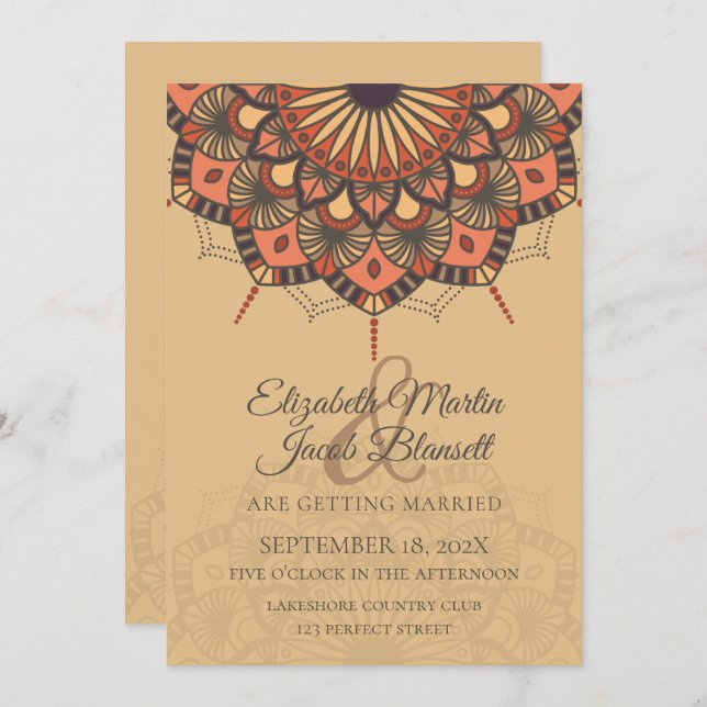 Convites Casamento Contemporâneo de Peach Mandala (Frente/Verso)
