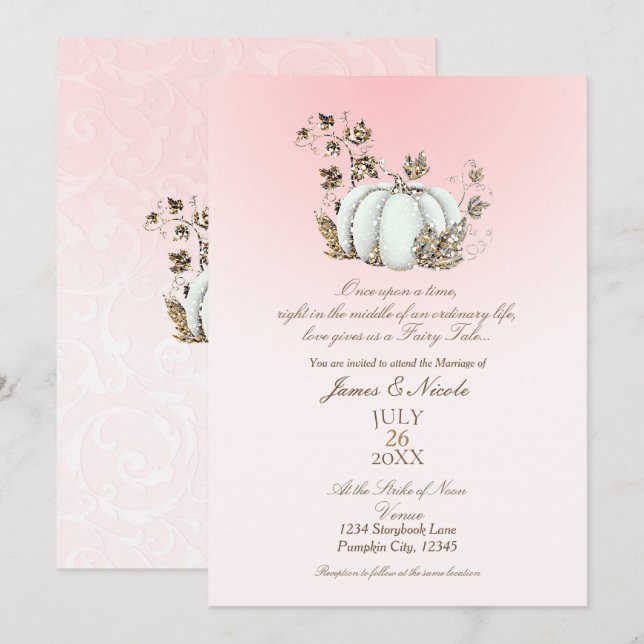 Convites Casamento Conto de Fadas Abóbora Rosa e Branco do  (Frente/Verso)