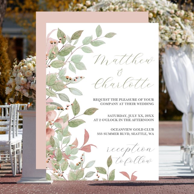 Convites Casamento Cor de Água Rosa-de-Mola (Watercolor Leaves, Green & Pink Wedding Invitation)