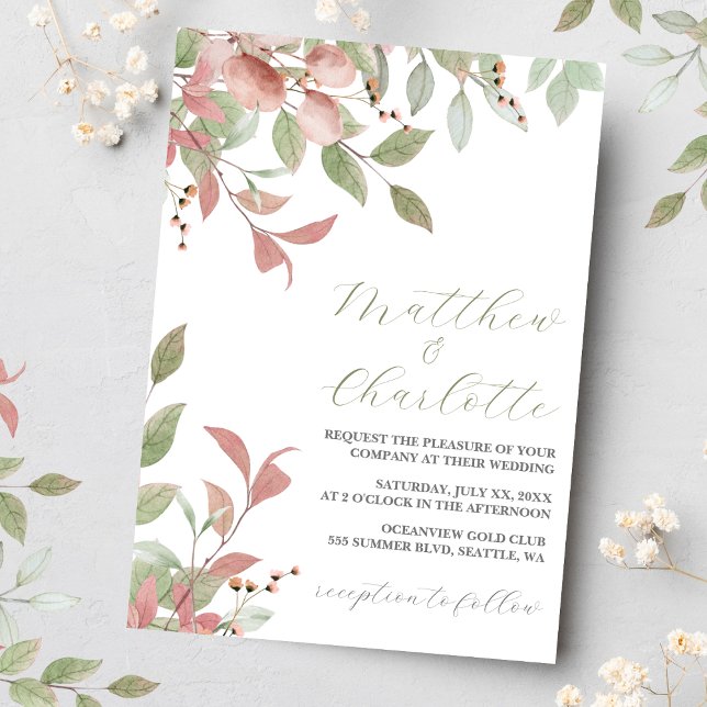 Convites Casamento Cor de Água Rosa-de-Mola (Watercolor Leaves, Green & Pink Wedding Invitation 3)