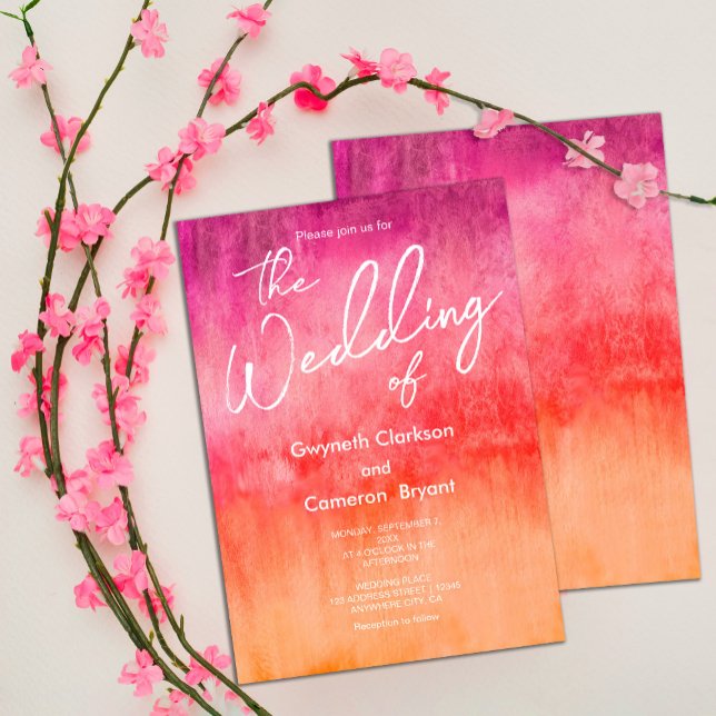 Convites Casamento Cor de Água Rosa Quente e Laranja (#hotpinkandorangeinvitation #brightandbold #spring #watercolorinvitation)