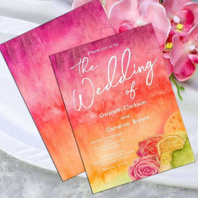 Convites Casamento Cor de Água Rosa Quente e Laranja (#WatercolorWedding #FloralInvite #TropicalWedding #ElegantStationery #ZazzleDesign)