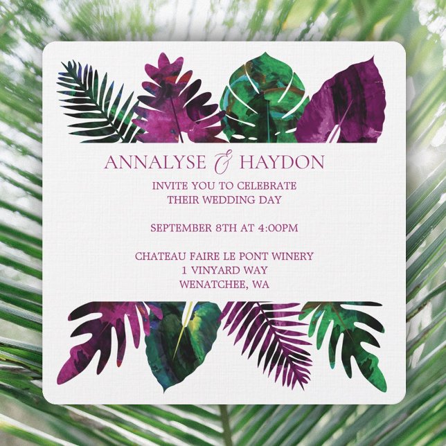 Convites Casamento Cor-de-rosa-Berry Selvagem Verde (tropical wild berry pink violet wedding invitations, green monstera, ferns, coastal theme)