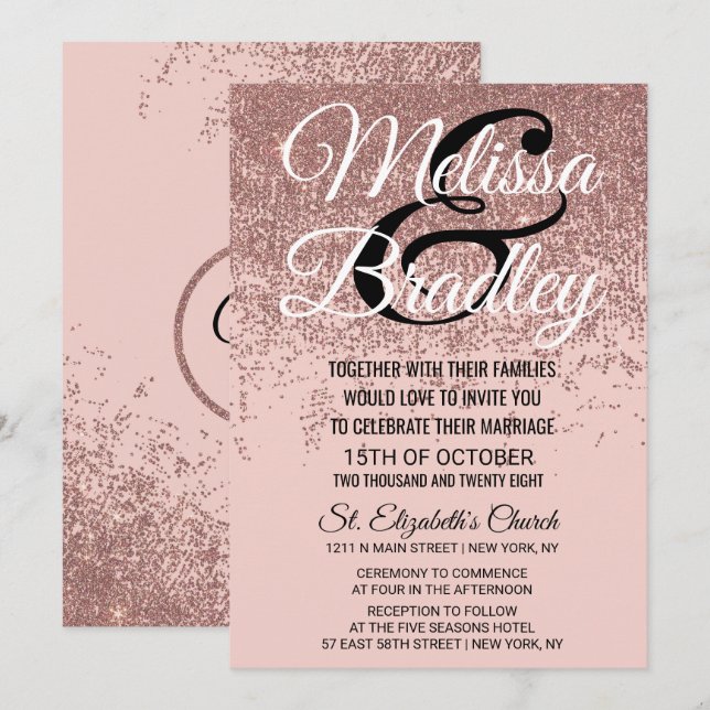 Convites Casamento Cor-de-rosa com brilho Dourado rosa (Frente/Verso)