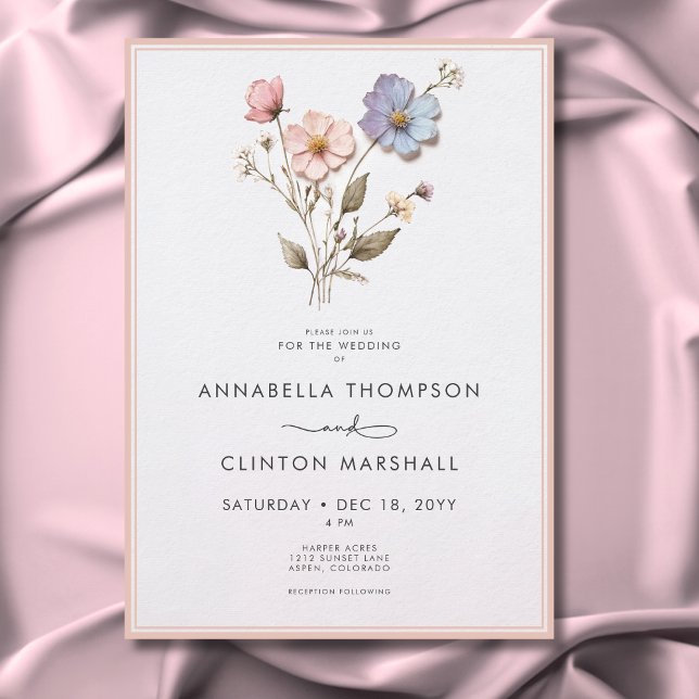 Convites Casamento Cor-de-Rosa do Pastel Pressionado Modern (Modern Pressed Pastel Wildflowers Sage Wedding Invitation)