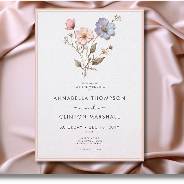 Convites Casamento Cor-de-Rosa do Pastel Pressionado Modern (Modern Pressed Pastel Wildflowers Wedding Invitation)