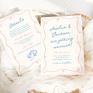 Convites Casamento Cor-de-Rosa e Azul Desenhado à Mão Capri