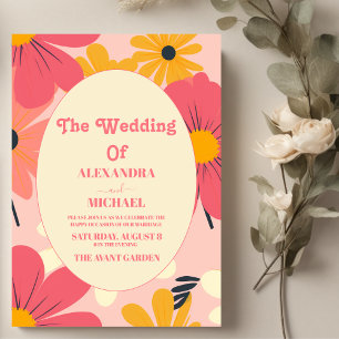 Convites Casamento Cor-de-Rosa e Dourado Groovy Retro