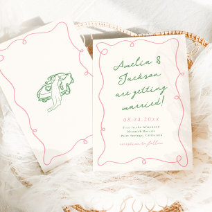 Convites Casamento Cor-de-Rosa e Verde Desenhado à Mão com