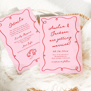 Convites Casamento Cor-de-Rosa e Vermelho Desenhado à Mão C