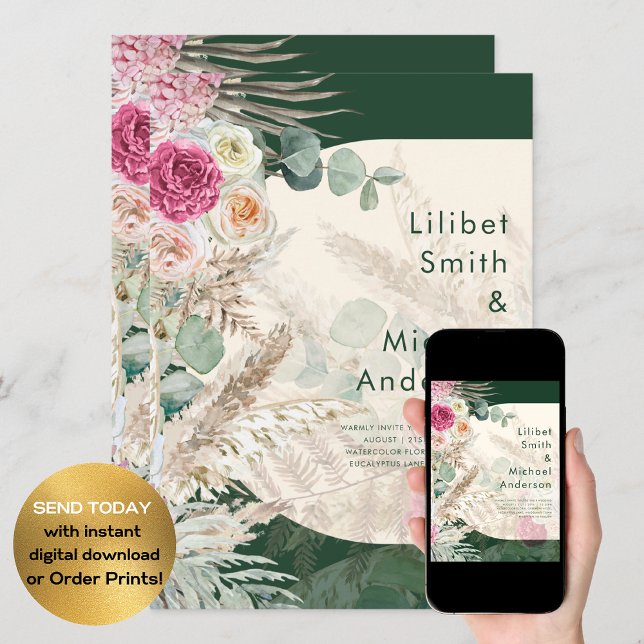 Convites Casamento Cor-de-Rosa Floral Emerald Green BOHO (Criador carregado)