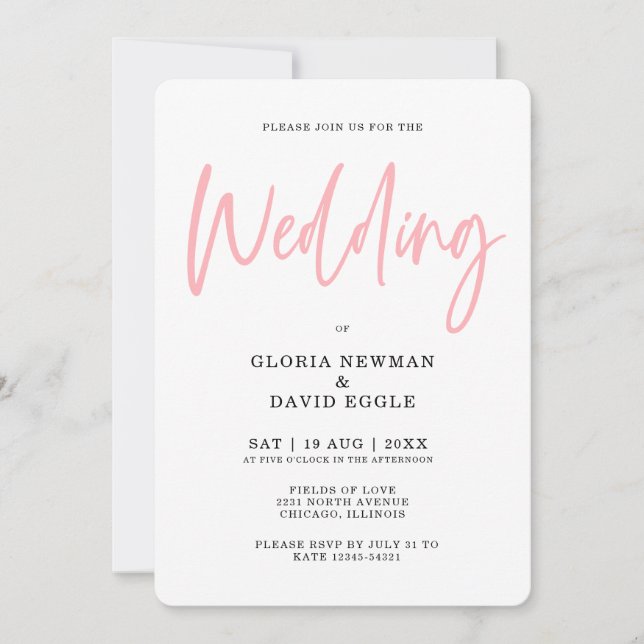Convites Casamento Cor-de-Rosa Migre Moderno Minimalista (Frente)