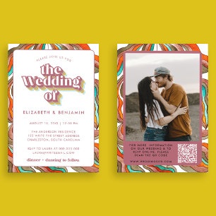 Convites Casamento Cor-de-Rosa Ondulado Código QR Retro Boh
