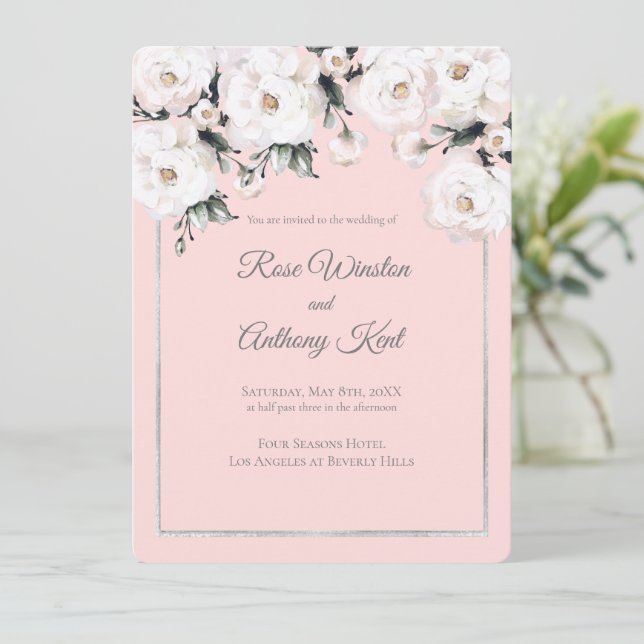 Convites Casamento Cor-de-rosa-prata das rosas brancas Eleg (Em pé/Frente)