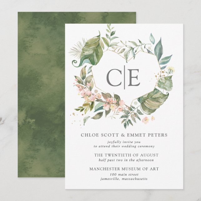 Convites Casamento Coração Botânico Russo Rosa Floral (Frente/Verso)