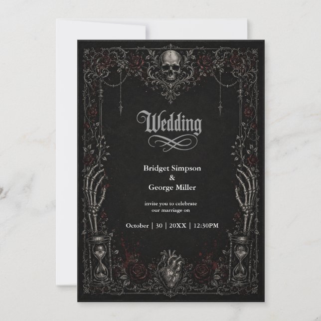 Convites Casamento Coração Caveira Rosa Gótica Preta  (Frente)
