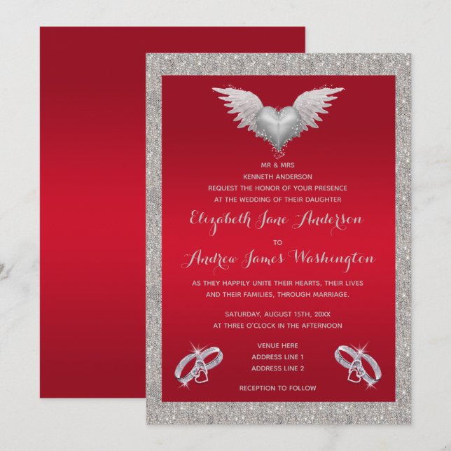 Convites Casamento Coração de Pena e Alianças Rubi Vermelho (Frente/Verso)