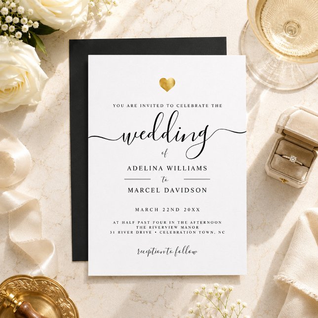 Convites Casamento Coração Dourado Caligrafia Minimal Moder (Criador carregado)
