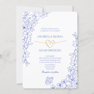 Convites Casamento Coração Dourado Floral Azul Chinesice