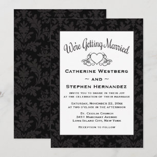 Convites Casamento Coração Floral Damasco Preto e Branco Vi