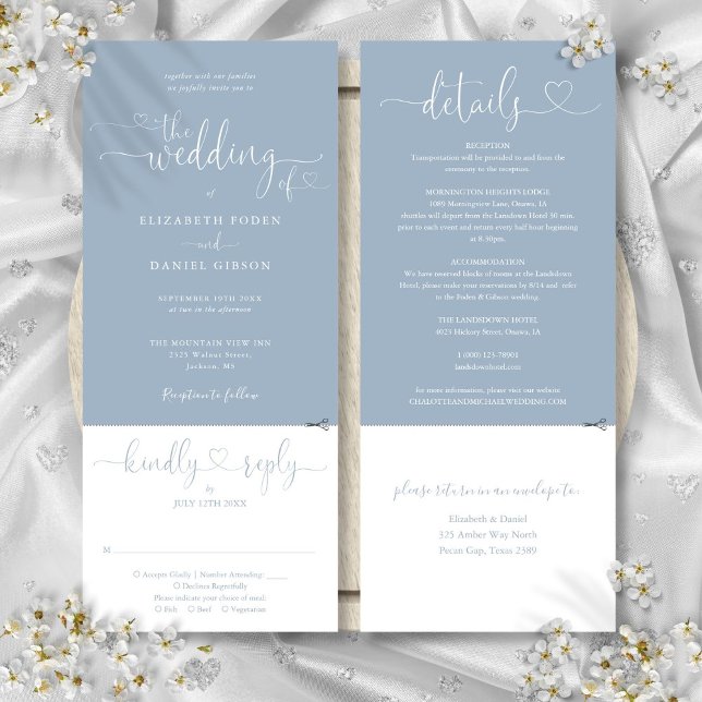 Convites Casamento Coração Script Azul Empoeirado Tudo Em U (Heart Script Dusty Blue All In One Wedding Invitation)