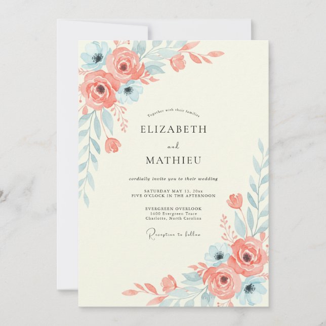 Convites Casamento Coral Aqua Blossom (Frente)