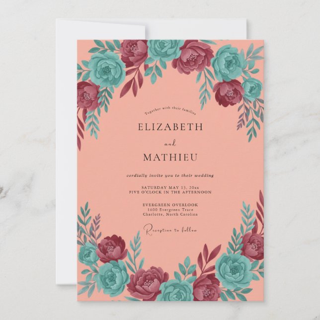 Convites Casamento Coral Aqua Maroon Blossom (Frente)