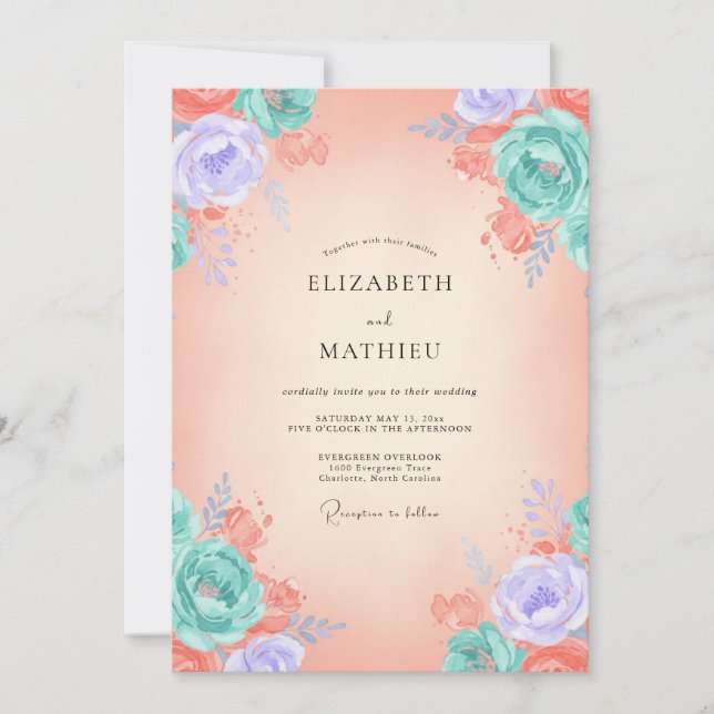 Convites Casamento Coral Aqua Peony (Frente)