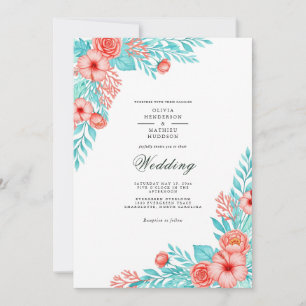 Convites Casamento Coral Azul Floral Delight