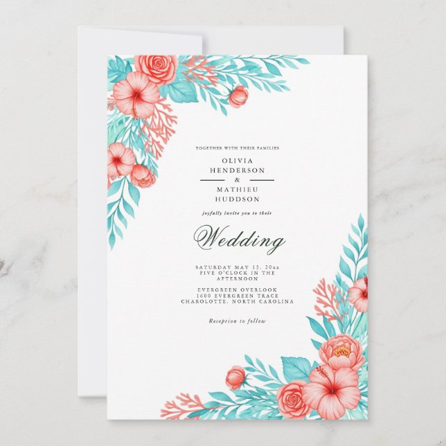 Convites Casamento Coral Azul Floral Delight (Frente)