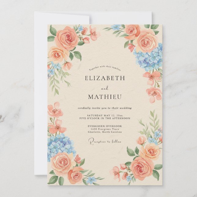 Convites Casamento Coral Azul Hidrangeia Eucalipto (Frente)