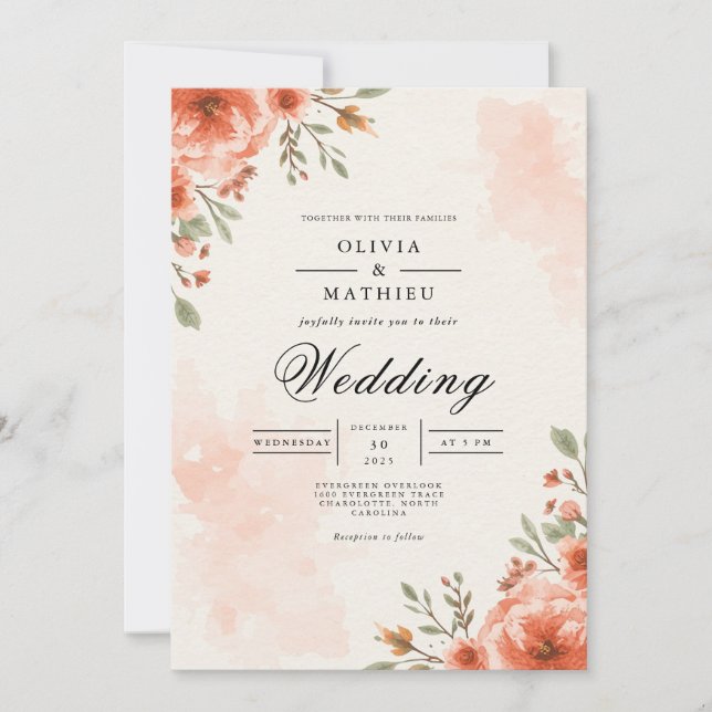Convites Casamento Coral Blossom Watercolor (Frente)