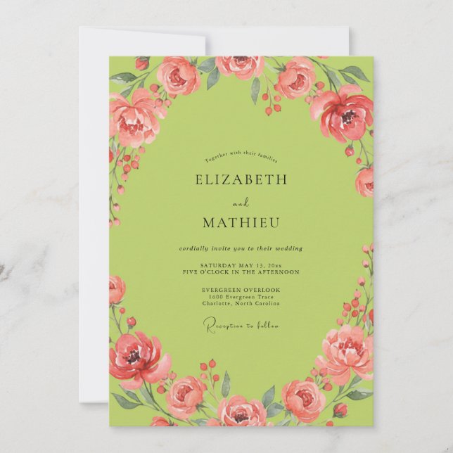 Convites Casamento Coral Chartreuse Ranunculus Eucalipto (Frente)