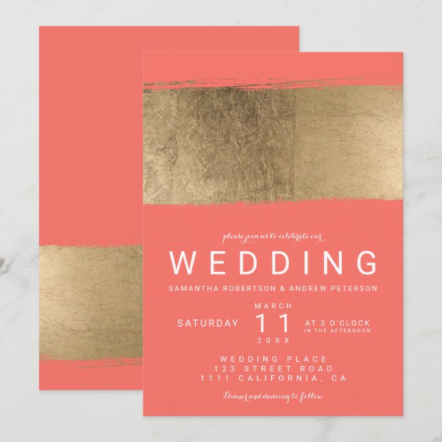 Convites Casamento coral com pincelada de ouro falso modern (Frente/Verso)