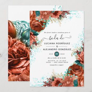 Convites Casamento Coral e Teal Floral Espanhol