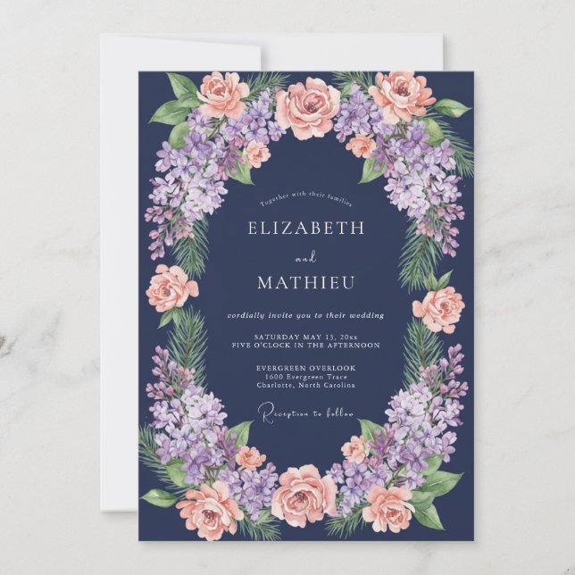 Convites Casamento Coral Lilás Eucalipto Meia-Noite (Frente)