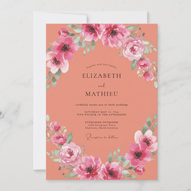 Convites Casamento Coral Magenta Ranunculus Eucalipto Suave (Frente)