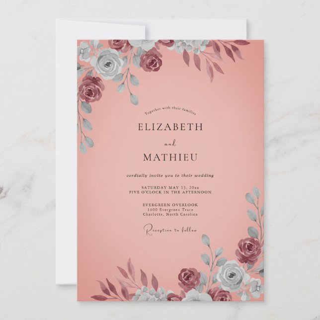 Convites Casamento Coral Maroon Bloom (Frente)
