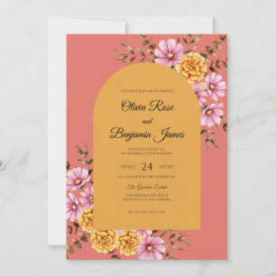 Convites Casamento Coral Ocre Zinnia Eucalipto