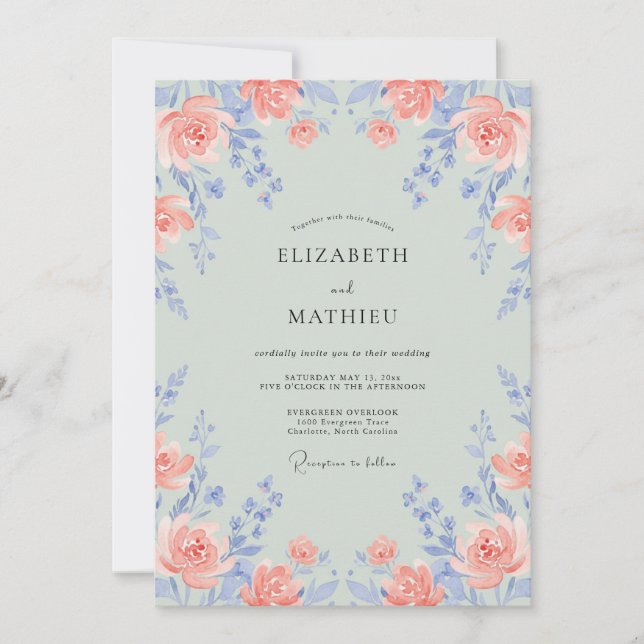 Convites Casamento Coral Periwinkle Ranunculus Eucalipto (Frente)