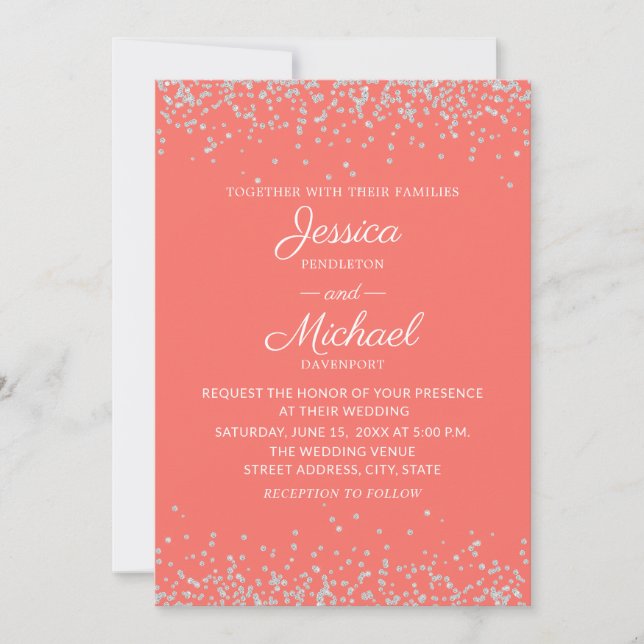 Convites Casamento Coral Prateado Glitter Elegante Moderno (Frente)