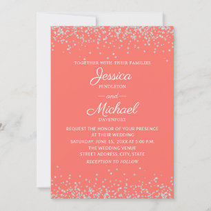 Convites Casamento Coral Prateado Glitter Elegante Moderno