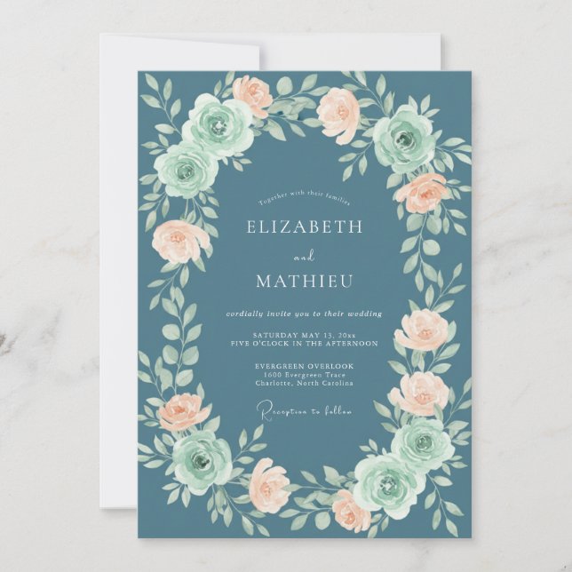 Convites Casamento Coral Ranunculus Eucalipto Cinza Ardósia (Frente)