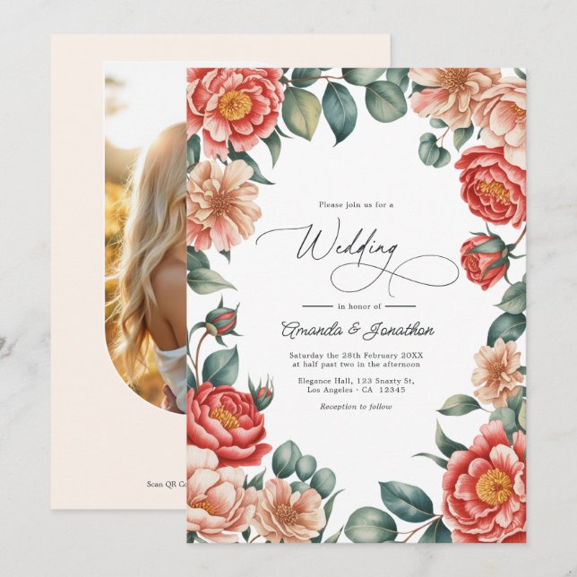 Convites Casamento Coral Rose, Apricot Blush e Soft Mint (Frente/Verso)