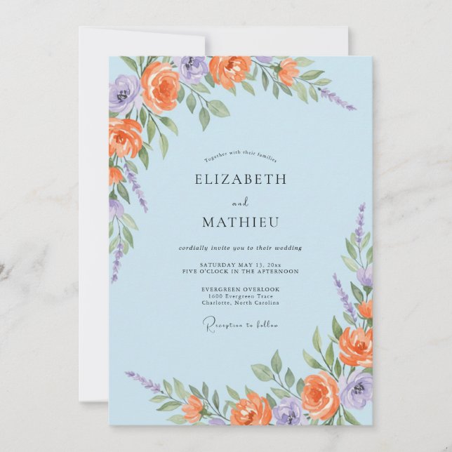 Convites Casamento Coral Roxo Azul Ranunculus Eucalipto (Frente)