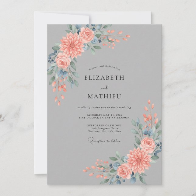 Convites Casamento Coral Slate Dahlia (Frente)